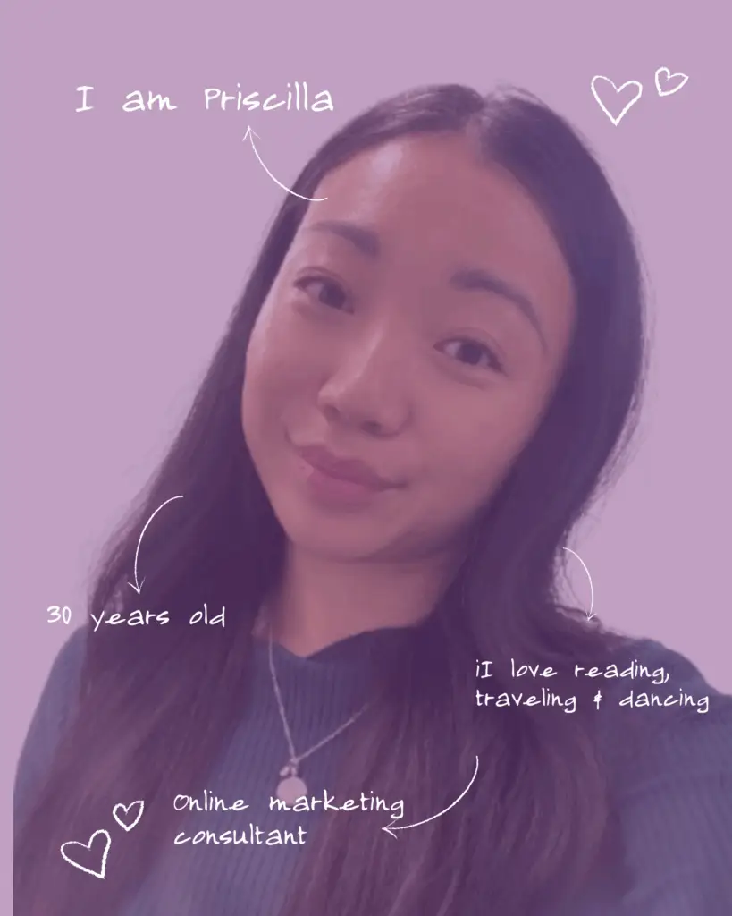 Happy Asian online marketing professional in a green shirt and silver necklace, smiling confidently in front of a white background in Perth and a pink filter on top